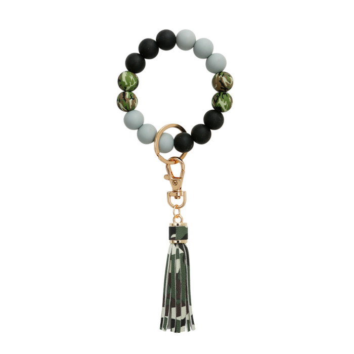 Leather PU Tassel Silicone Beaded Wrist Keychain Wholesale Portable Cross-Border Bracelet Car Keychain Trendy