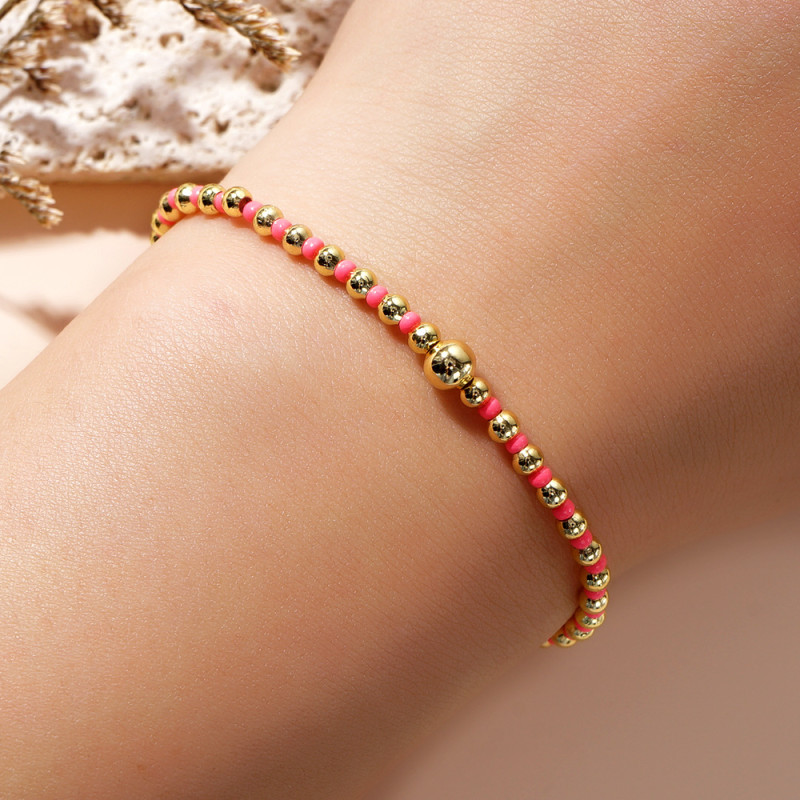 Korean Style Elastic Bracelet with Colorful Rice Beads and Gold Beads, Mixed Weaving, Light Luxury, High-End Feel, Popular Bracelet Wholesale