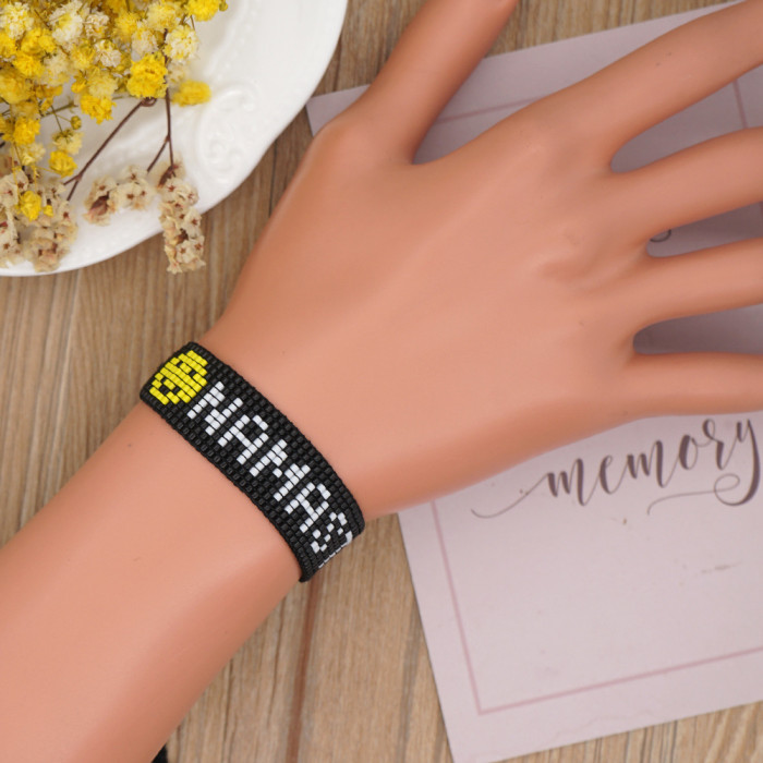 Yellow Smiley Face Red Heart English Letters Colorful Beads Black Cord Handmade Braided Bracelet for Women