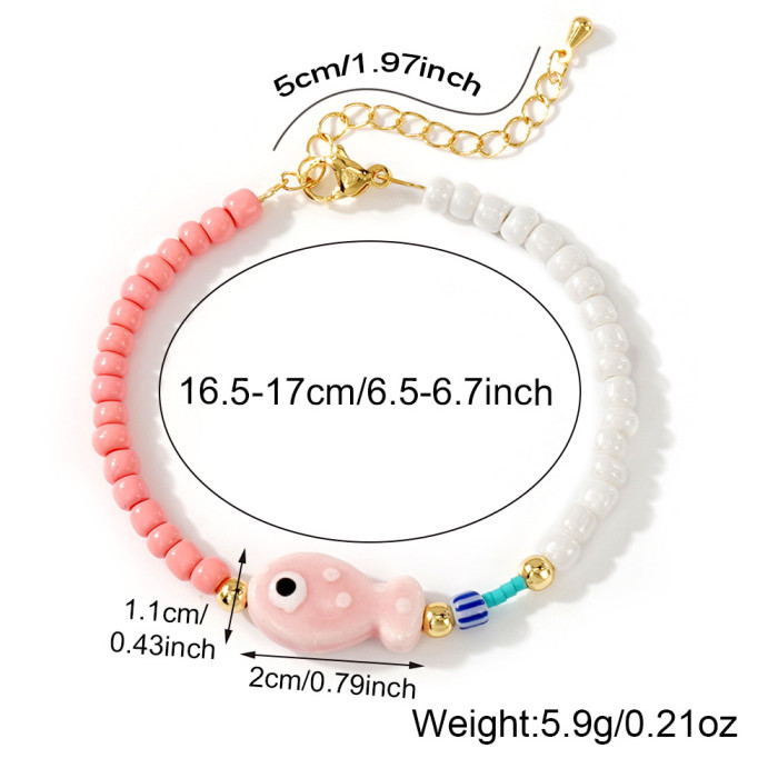 Fresh Style Copper Bead Snow Bud Color Ceramic Dot Small Fish Bracelet White Pink Domestic Rice Bead String Decoratio...