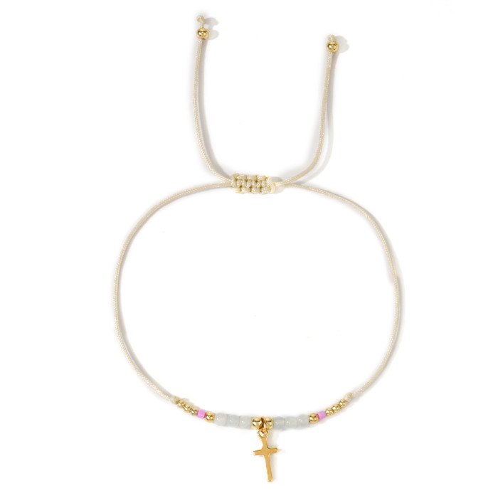 Amazon Hot-Selling Fashion Copper Beads Shiny Rice Beads Stainless Steel Cross Faceted Moonstone Semi-Precious Stone Women's Bracelet