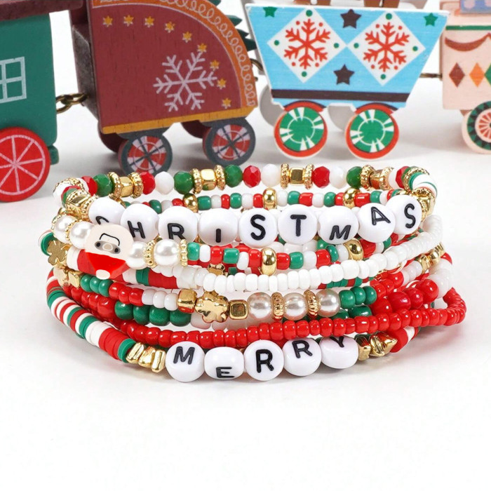 New Christmas Bracelet Rice Beads Soft Clay Multi-Layer Design Cartoon Santa Claus Bell Hand Jewelry