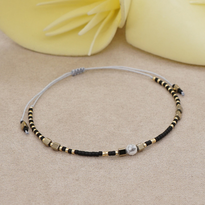 Bohemian Style European and American Simple Rice Bead Handmade Woven Friendship Rope Iron Gall Semi-Precious Stone Women's Jewelry Small Bracelet