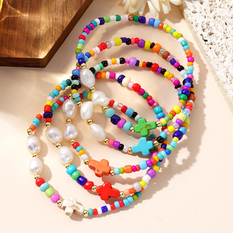 Simple Creative Colorful Bead Cross Bracelet for Women European and American Ethnic Style Handmade Jewelry Amazon Bestseller