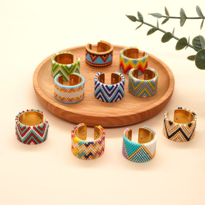 New Miyuki Antique Rice Beads Light Luxury High-end Hand-woven Stainless Steel Bohemian Style Ring Wholesale