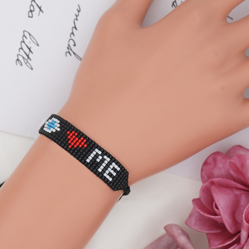 Turkish Blue Eyes Red Heart English Letters Colorful Beads Black Cord Handmade Braided Bracelet for Women