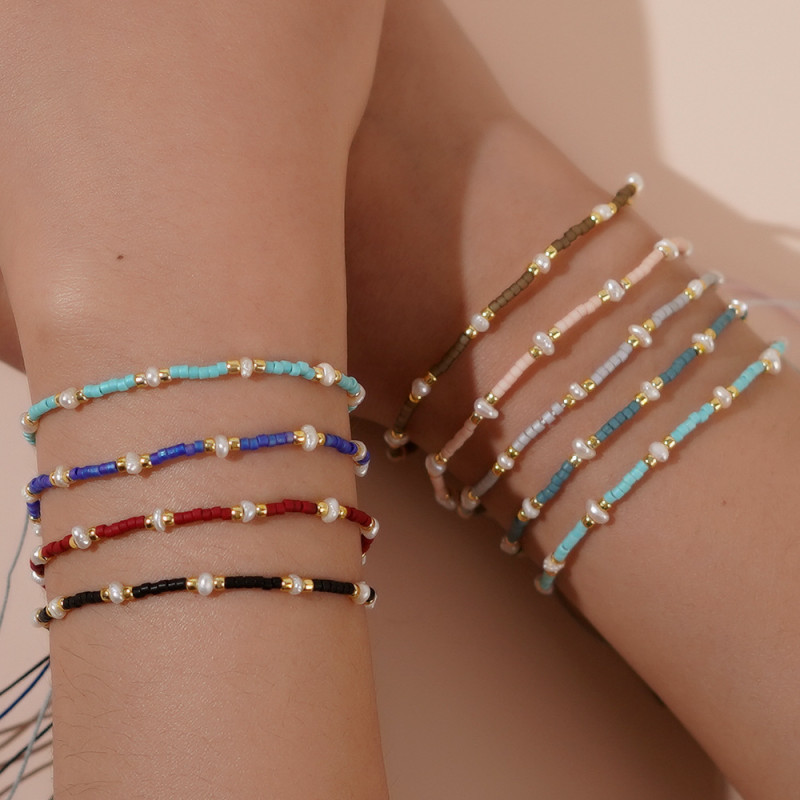 European and American Popular Pearl Bracelet Summer Fresh Fashion Rice Bead Woven Hand Jewelry Couple Birthday Gift Thin Bracelet