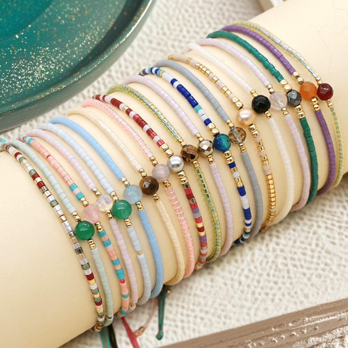 Bohemian Style Rice Bead Semi-Precious Stone Colorful Beaded Bracelet Lucky Stone Couple Bracelet Women's Small Bracelet
