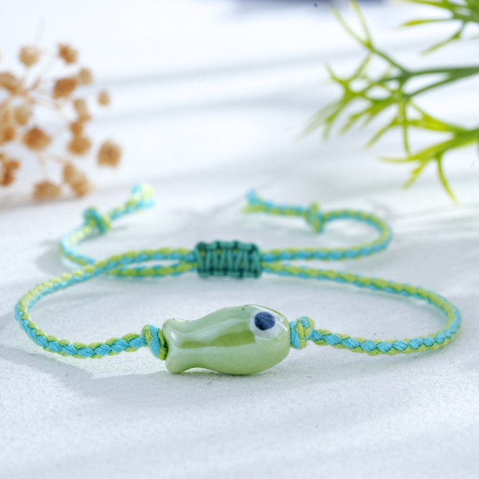 Cross-Border European and American Cute Bracelet Colorful Glossy Ceramic Double-Sided Painted Fish Hand-Twisted Hemp Rope Rice Bead Charm