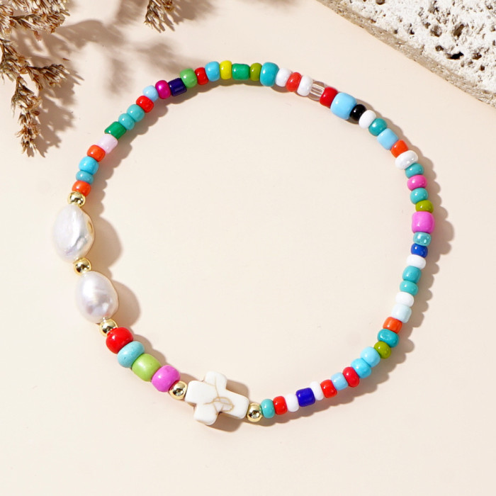 Simple Creative Colorful Bead Cross Bracelet for Women Ethnic Style Handmade Jewelry Amazon Bestseller