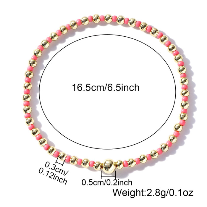 Korean Style Elastic Bracelet with Colorful Rice Beads and Gold Beads, Mixed Weaving, Light Luxury, High-End Feel, Po...