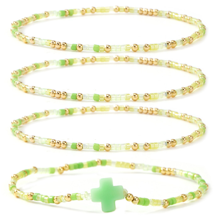 Niche Design Copper Bead Green Cross Bracelet Domestic DB Rice Bead Four-Piece Set Retro Light Luxury Daily Jewelry
