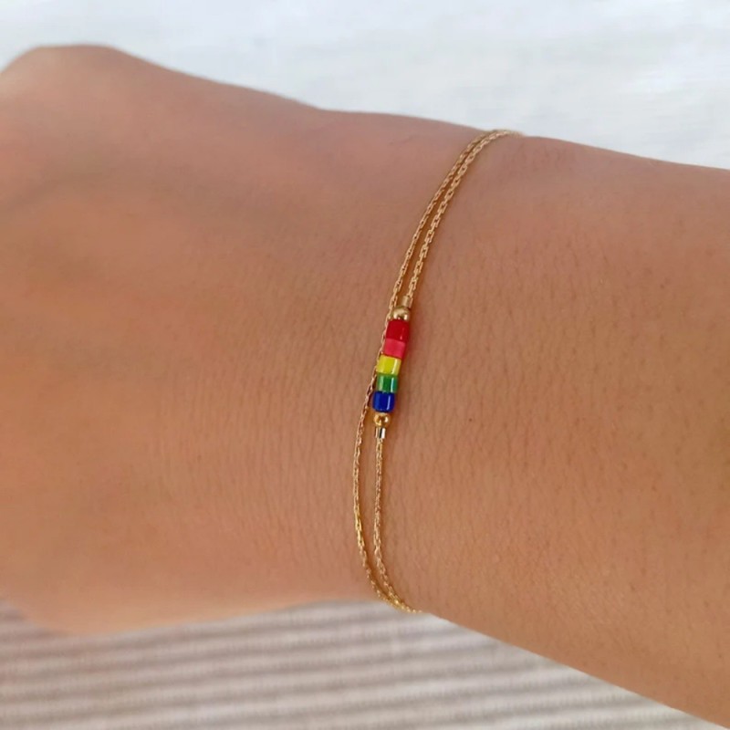 Personalized Design Rainbow Color Rice Bead Double Layer Bracelet for Women Gold Chain Light Luxury Versatile High-end Cross-border Jewelry