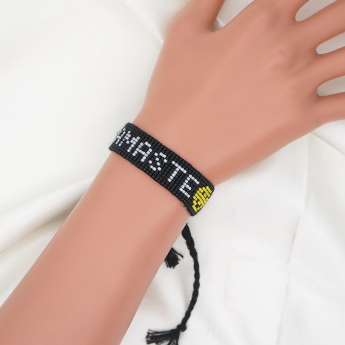 Yellow Smiley Face Red Heart English Letters Colorful Beads Black Cord Handmade Braided Bracelet for Women