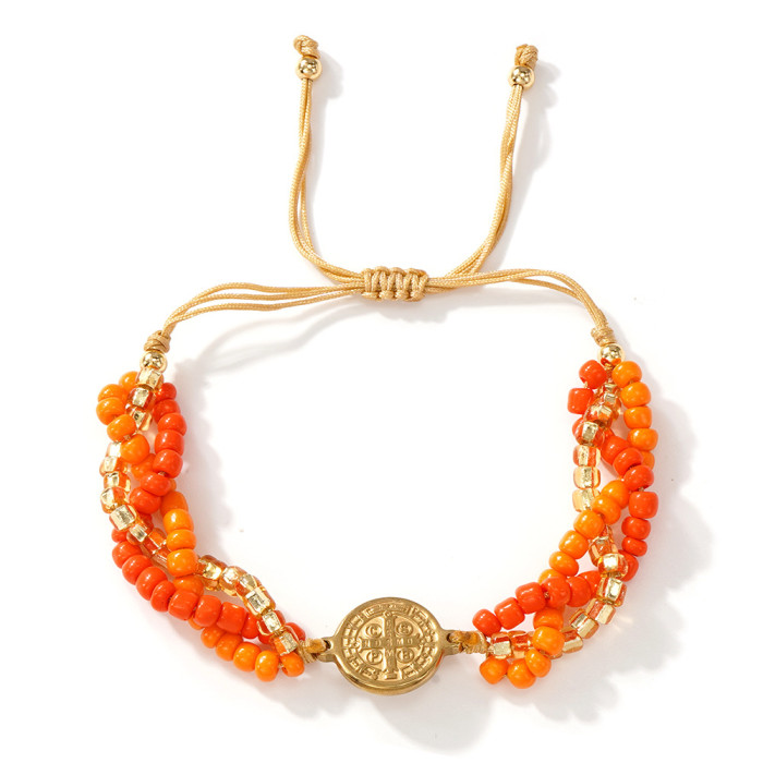Style Exquisite Rice Bead Layered Bracelet Adjustable Layer Stacking Design Cross Copper Plate Women's Versatile Jewelry
