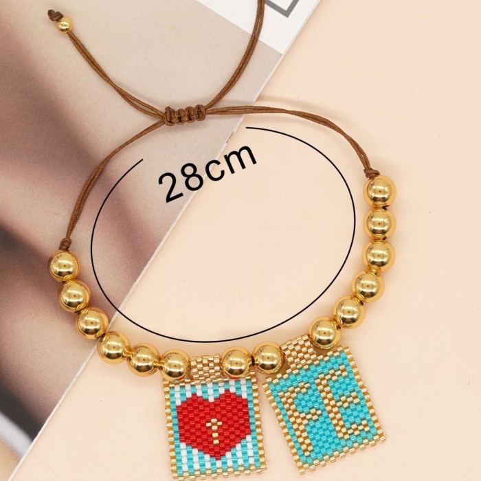 New 8mm Copper Beads Green and White Striped Red Heart Green Background Letter FE Rice Beads Woven Square Tag Bracelet