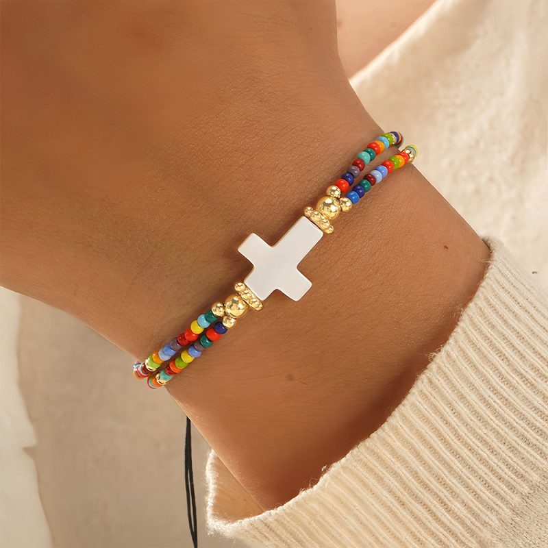 Vintage Style Copper Bead Cross Shell Bracelet Colorful Domestic Rice Bead Embellishment Niche Design Daily Jewelry