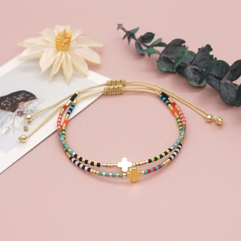 New Cross-Border Simple Bracelet Bohemian Style Rainbow Beads Cross Versatile Layered Women's