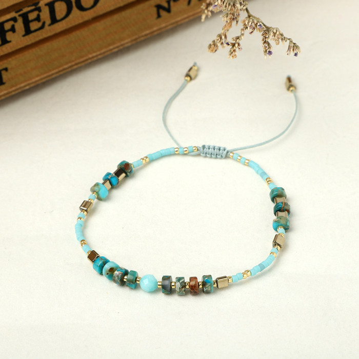 Bohemian Style Rice Bead Semi-Precious Stone Colorful Beaded Bracelet Lucky Stone Couple Bracelet Women's Small Bracelet