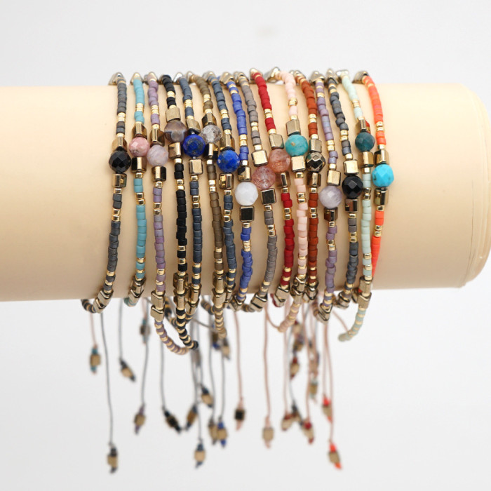Bohemian Style European and American Simple Rice Bead Handmade Woven Friendship Rope Iron Gall Semi-Precious Stone Women's Jewelry Small Bracelet