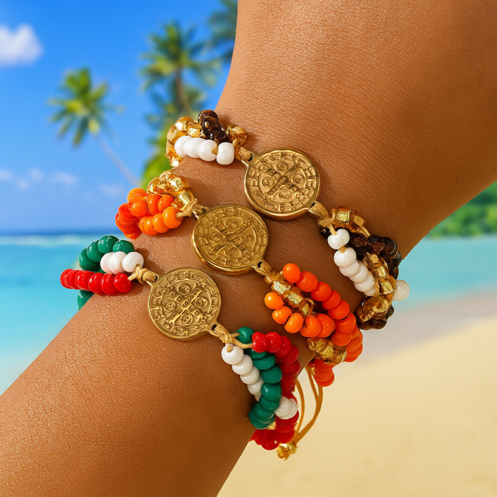 Style Exquisite Rice Bead Layered Bracelet Adjustable Layer Stacking Design Cross Copper Plate Women's Versatile Jewelry