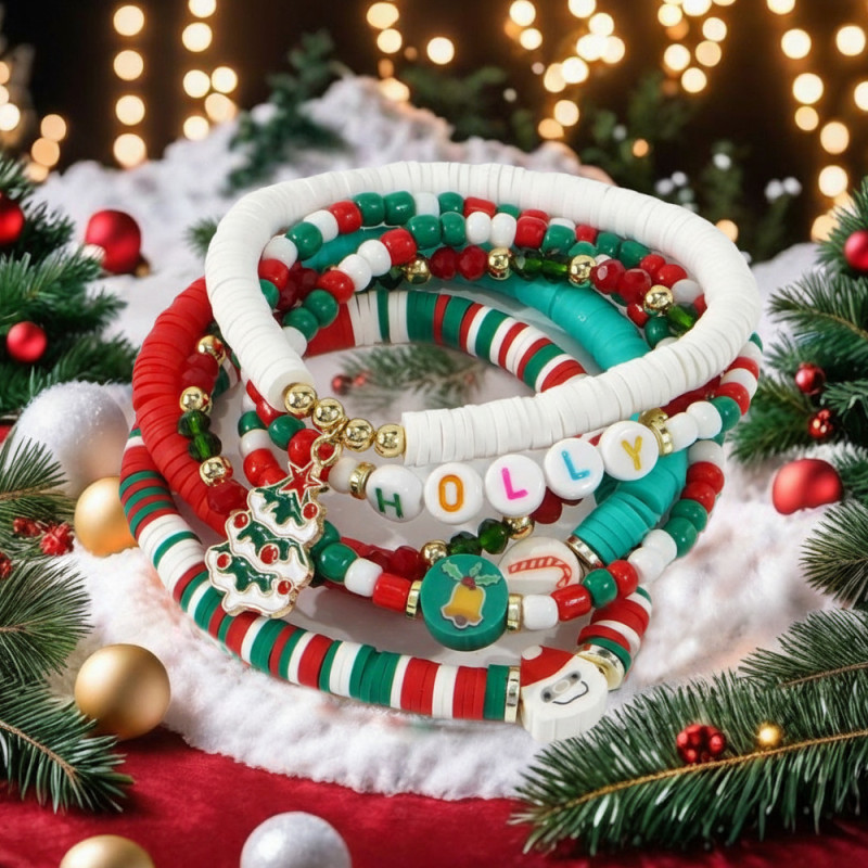 Christmas Gift Choice European and American Style Soft Clay Bead Mixed Bracelet Santa Claus Snowflake Christmas Tree Elastic Style