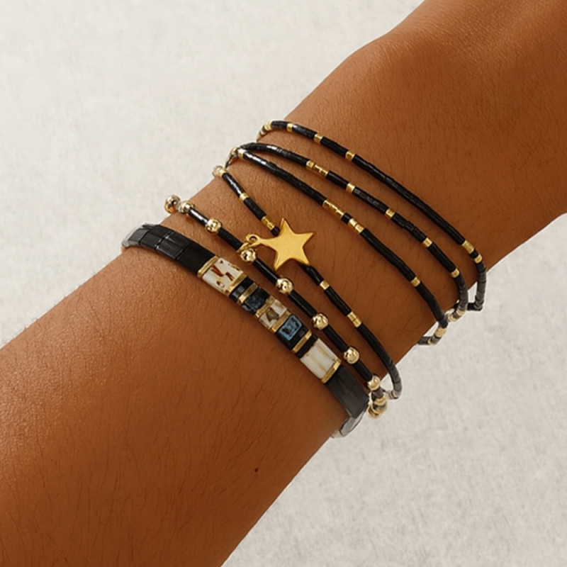 Cross-Border Hot Sale 2025 New Black and Gold Series Bracelet Set European and American Retro Rice Beads Star Hand Jewelry