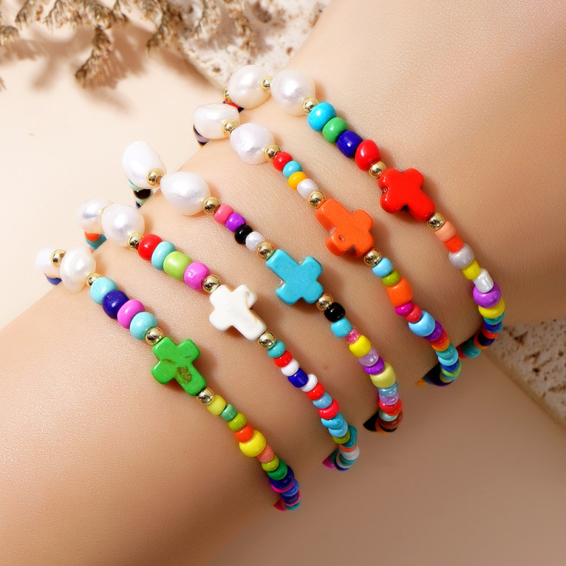 Simple Creative Colorful Bead Cross Bracelet for Women European and American Ethnic Style Handmade Jewelry Amazon Bestseller