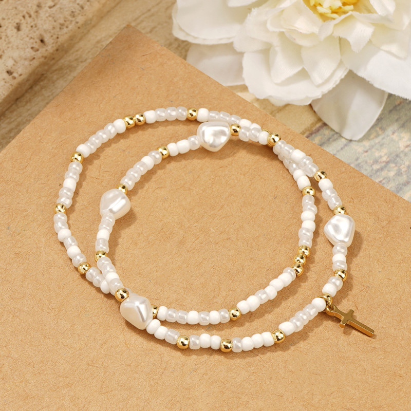 Cross-Border Hot-Selling Bohemian Copper Beads Imitation Pearl Cross Beads Bracelet Two-Piece Set Beaded Jewelry Wholesale