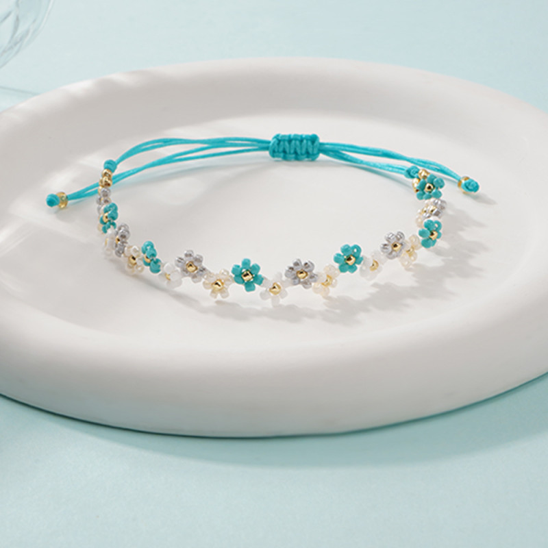 Fresh Blue White Gray Rice Bead Bracelet Handwoven Small Flower Simple Versatile Elegant Everyday Niche Jewelry
