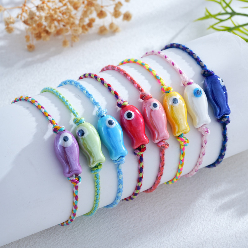 Cross-Border European and American Cute Bracelet Colorful Glossy Ceramic Double-Sided Painted Fish Hand-Twisted Hemp Rope Rice Bead Charm