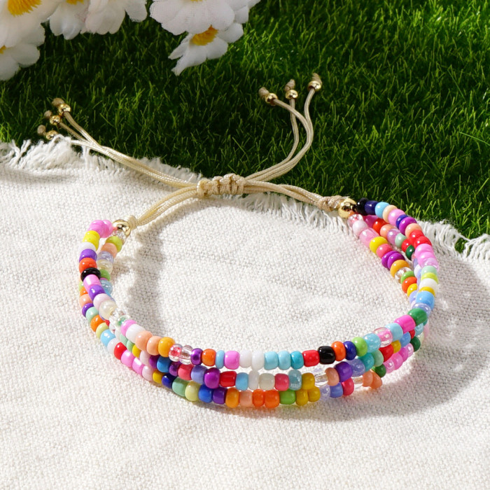 Bohemian Ethnic Style Colorful Seed Bead Handwoven Friendship Rope Women's Bracelet Geometric Design