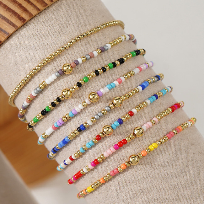 Cross-border Bohemian Handmade Woven Beaded Bracelet with Gold Beads and Rice Beads, Multi-layer Stretch Jewelry