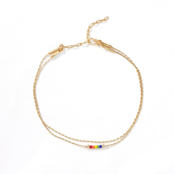 Personalized Design Rainbow Color Rice Bead Double Layer Bracelet for Women Gold Chain Light Luxury Versatile High-en...