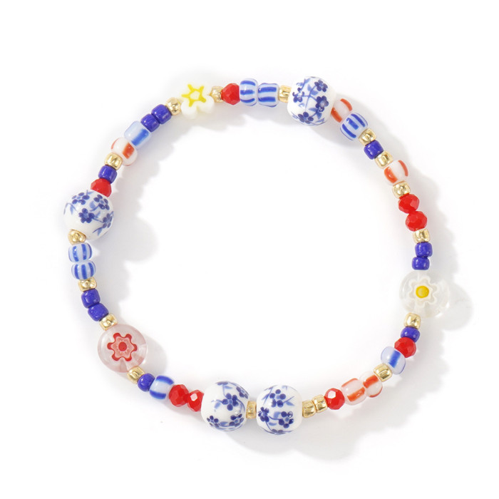 Original New Smooth Blue and White Ceramic Bracelet New Chinese Style Ancient Style Rice Bead Bracelet Niche High-end Glass Bracelet