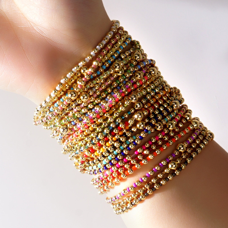 Korean Style Elastic Bracelet with Colorful Rice Beads and Gold Beads, Mixed Weaving, Light Luxury, High-End Feel, Popular Bracelet Wholesale