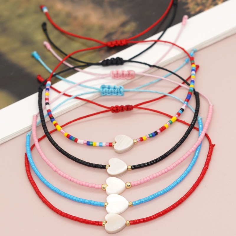 Bohemian Style Fresh Sweet Handmade Design Shell Heart Multicolor Bead Small Bracelet Woven Bracelet