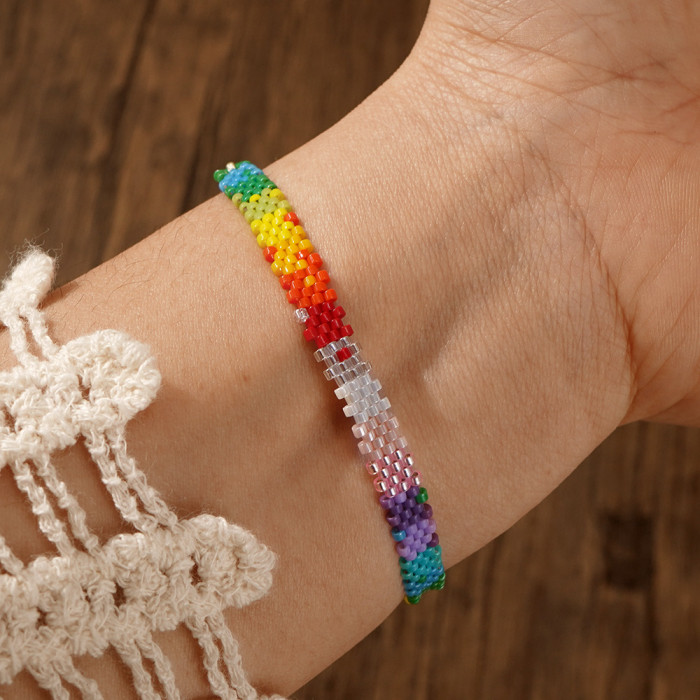 Bohemian New Style 3-Row Rainbow Sawtooth Edge Beaded Bracelet Ethnic Style Handmade Beaded Bracelet
