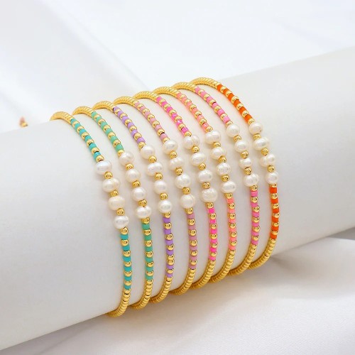 Cross-Border Hot-Selling Colorful Rice Beads Imitation Pearl Bracelet for Women, European and American Fashion Layered Gold Beaded Bracelet, Wholesale Jewelry