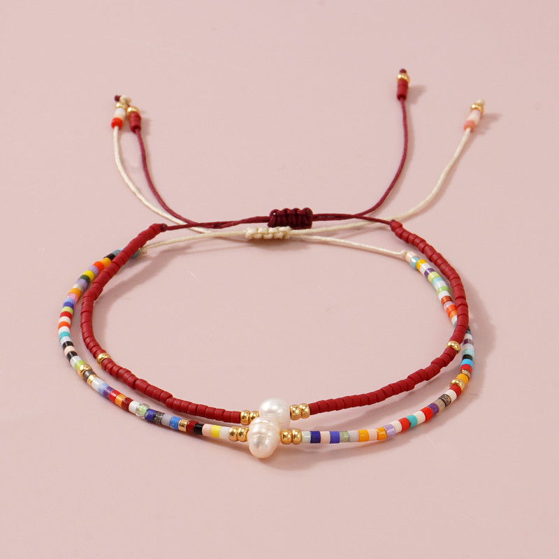 Vintage Ethnic Style Handmade Woven Rice Bead Bracelet Natural Pearl Adjustable Red String Bracelet Women's Jewelry Wholesale