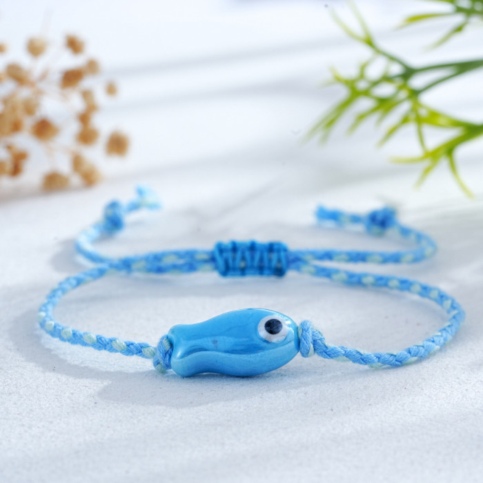 Cross-Border European and American Cute Bracelet Colorful Glossy Ceramic Double-Sided Painted Fish Hand-Twisted Hemp Rope Rice Bead Charm