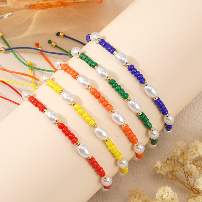 Vintage Style Copper Bead Rice-Shaped White Imitation Pearl Bracelet Red Domestic Rice Beads Matching Niche Unique Jewelry