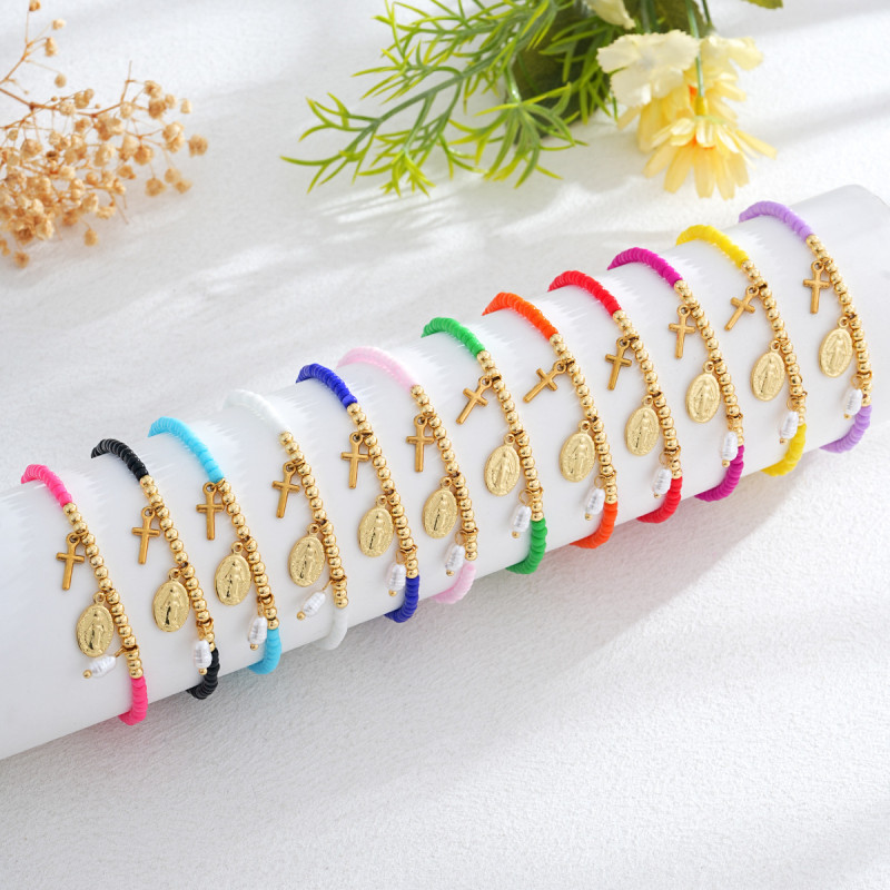 Cross-Border New Adjustable Colorful Rice Bead Bracelet for Women with Gold Cross and Virgin Mary Medal, Light Luxury Versatile Choice