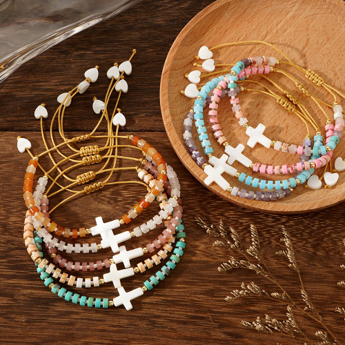Foreign Trade New 2025 Sweet Versatile Shell Cross Heart Copper Bead Rice Bead Semi-Precious Stone Bracelet Women's Jewelry