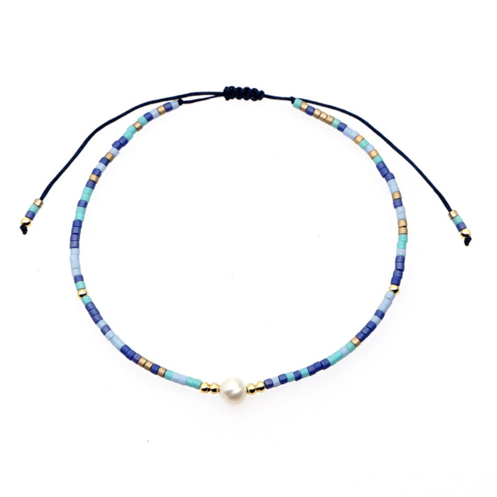 Bohemian Style European and American Simple Rice Bead Handmade Woven Friendship Rope Iron Gall Semi-Precious Stone Women's Jewelry Small Bracelet