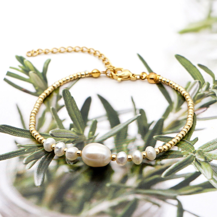 Baroque Natural Freshwater Pearl Bracelet Beaded Bracelet Gold Rice Beads Jewelry Wholesale Geometric Beads Light Luxury