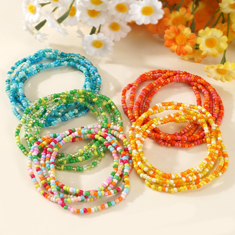 Cross-Border Hot-Selling Bohemian Style Rice Bead Crystal Bracelet Fashion Trend Solid Color Hand-Woven Bracelet Five-Piece Set