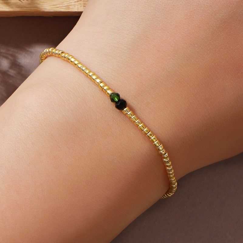 Bohemian Vacation Style Gold Bracelet Green and Black Color-Block Small Beads Women's Niche Light Luxury Layered Beaded Bracelet