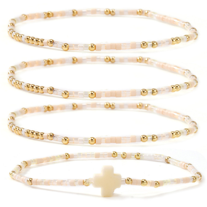 Niche Design Copper Bead Green Cross Bracelet Domestic DB Rice Bead Four-Piece Set Retro Light Luxury Daily Jewelry