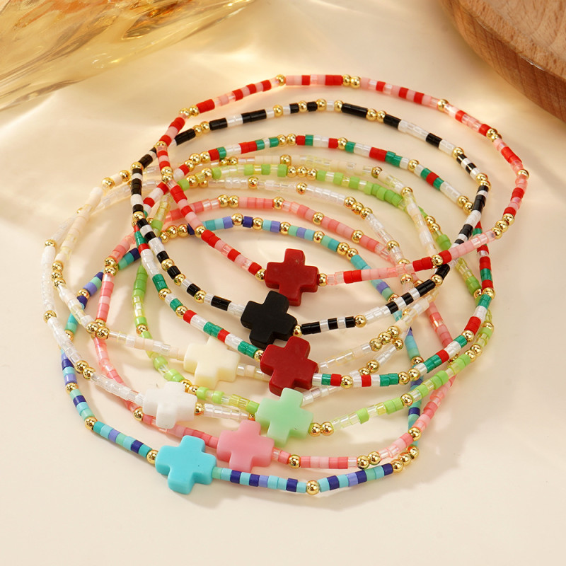 Cross-Border Hot-Selling European and American Style Colorful Cross Beaded Bracelet Summer Fresh Bohemian Style Women's Jewelry Wholesale